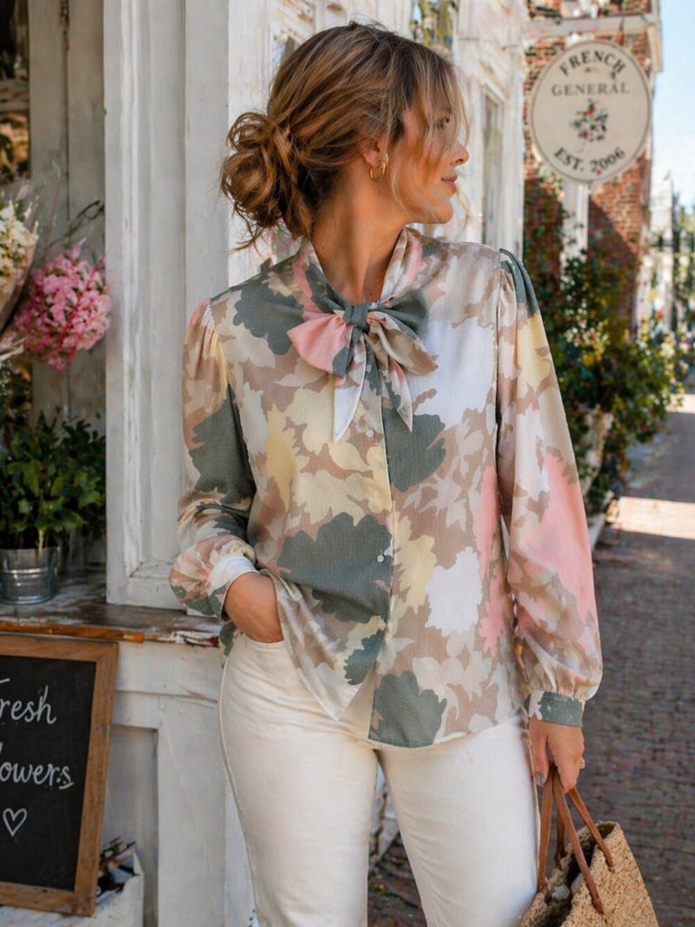 Eva Laurel Vintage Blouse Size 16 Pastel Floral Tie Neck Sheer Button Front